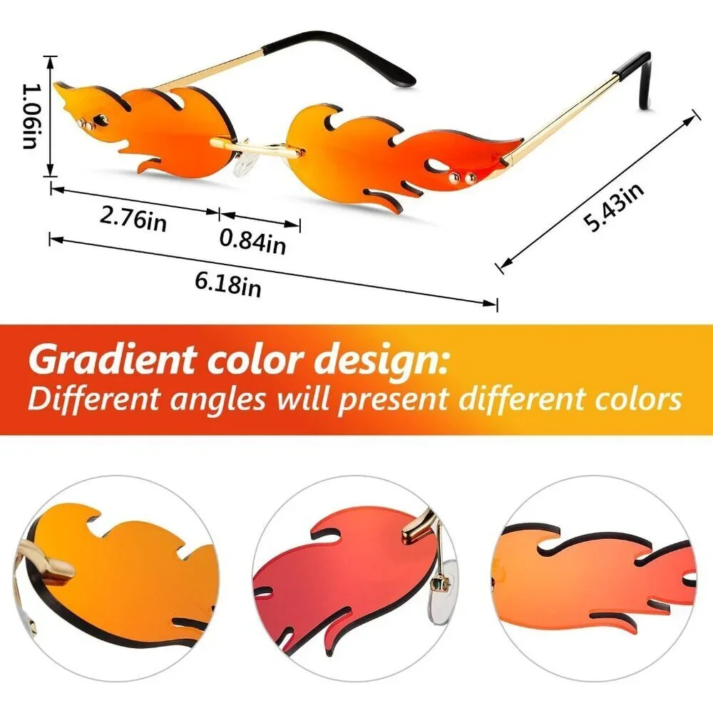 Rimless Flame Shaped Sun Glasses Women's Men’s Party Photo Props 4 Pairs